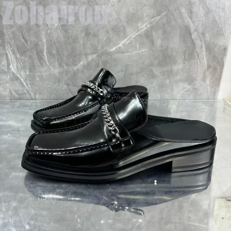 

Metal Chain Black Sewing Design Square Toe Men Slippers Fashion Slip On Men Shoes Luxury Handmade Party Office Men Casual Shoes