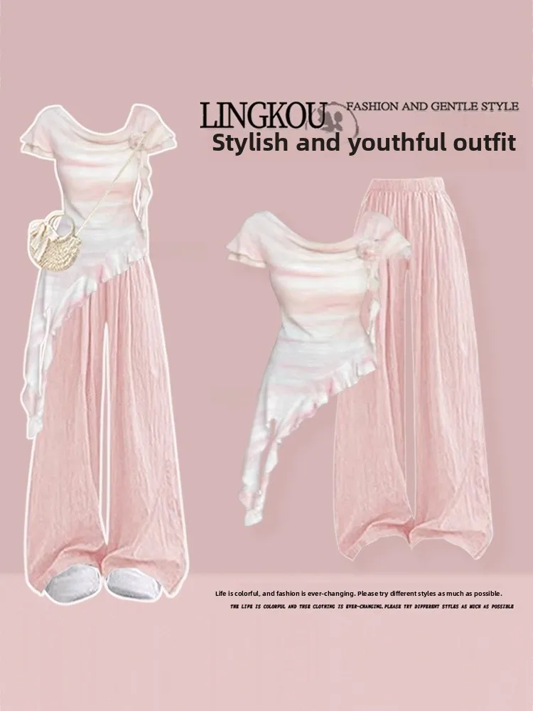 

Korean Sle Summer Outfit Women's Design Sensation 3D Flower ort Sve T-irt with Pink Wide Leg Pants Two Piece Set