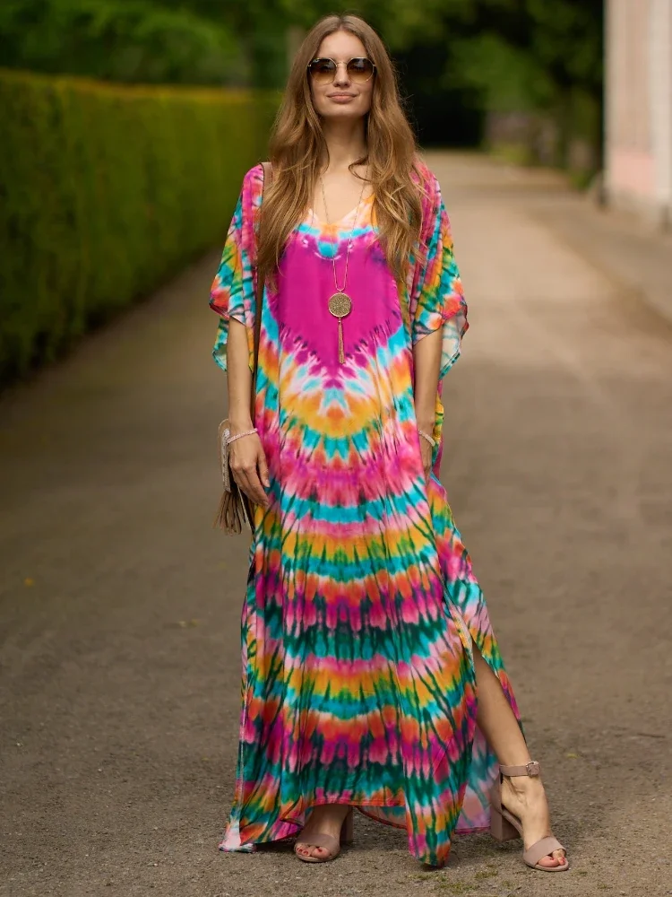 Women Kaftans Beach Cover Ups Heart Printed Summer Maxi Dresses Holiday Bathing Suits