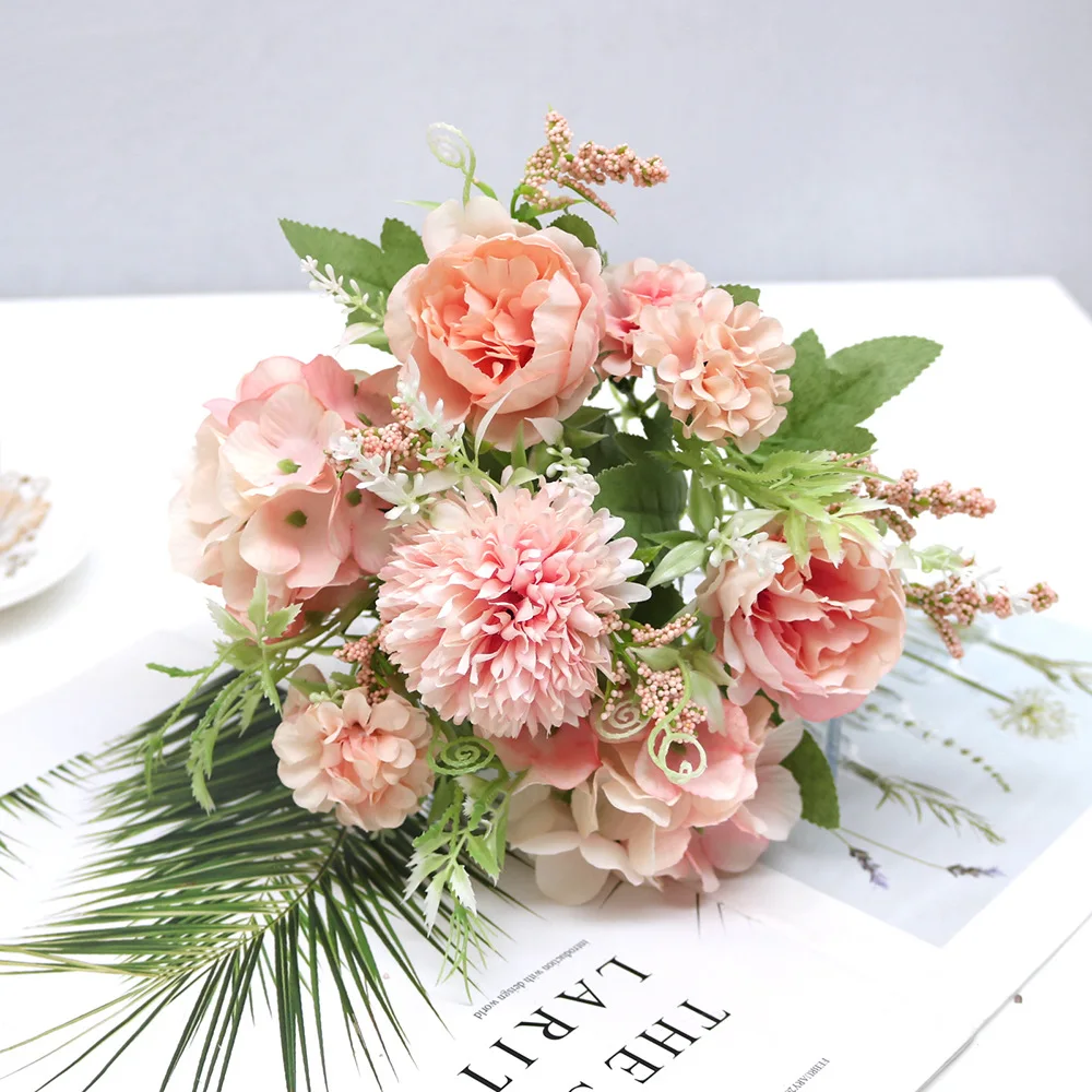 

Silk Rose Pink Artificial Flowers Bouquet High Quality Plastic Accessories Home Living Room Wedding Table Decoration Fake Flower