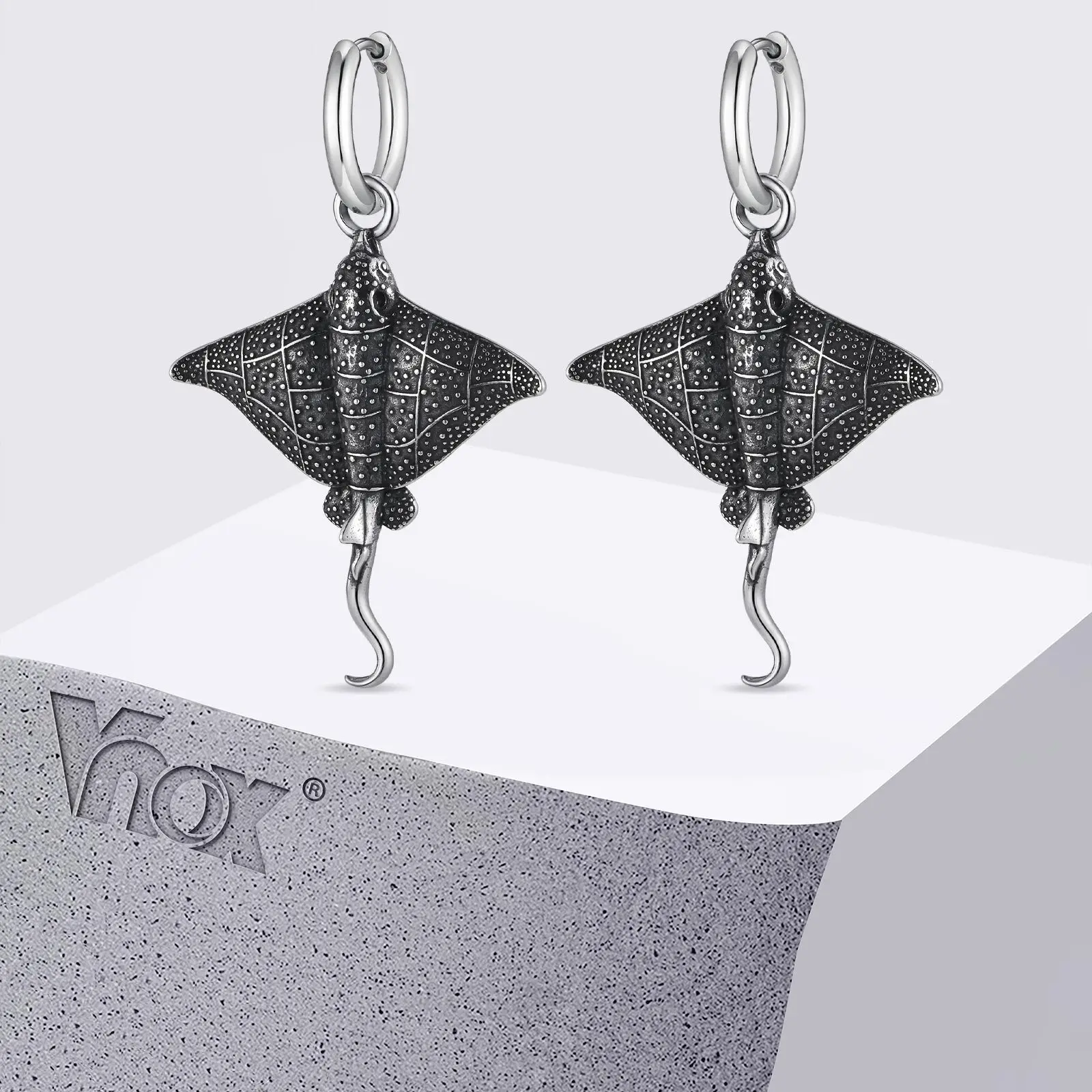 Vnox Men's Stainless Steel Devil Fish Drop Hoop Earrings, Waterproof Fish Shape Piercing Earring, Trendy Jewelry Gift for Men‌