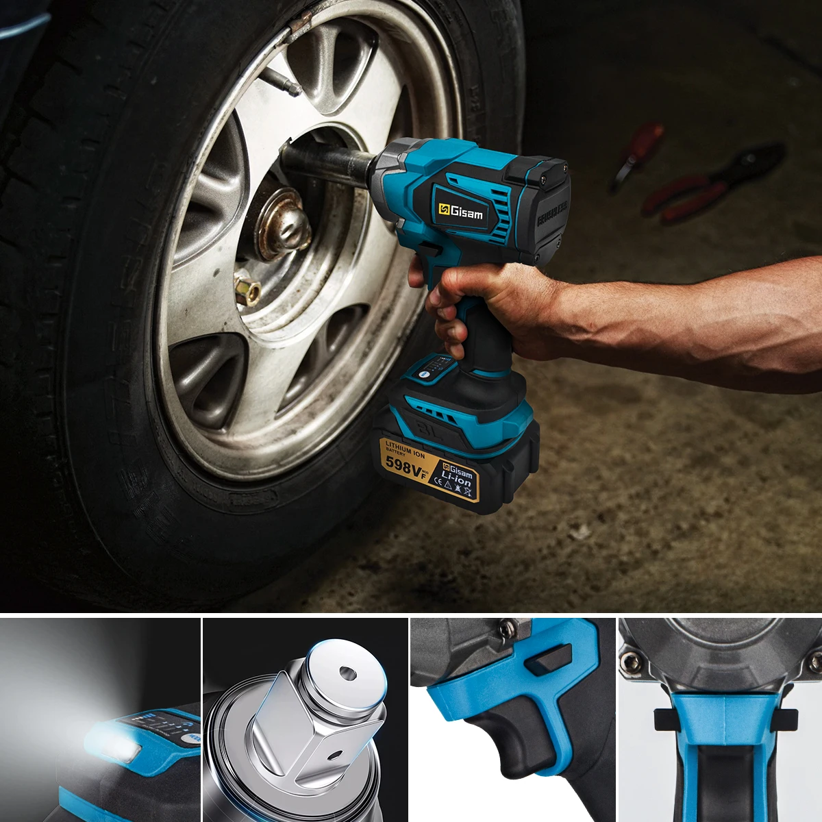 Gisam-Brushless Elétrica Impact Wrench, Chave De Fenda Sem Fio, Ferramentas Elétricas para Makita 18V Battery, 1200 N.M Torque, 1/2"