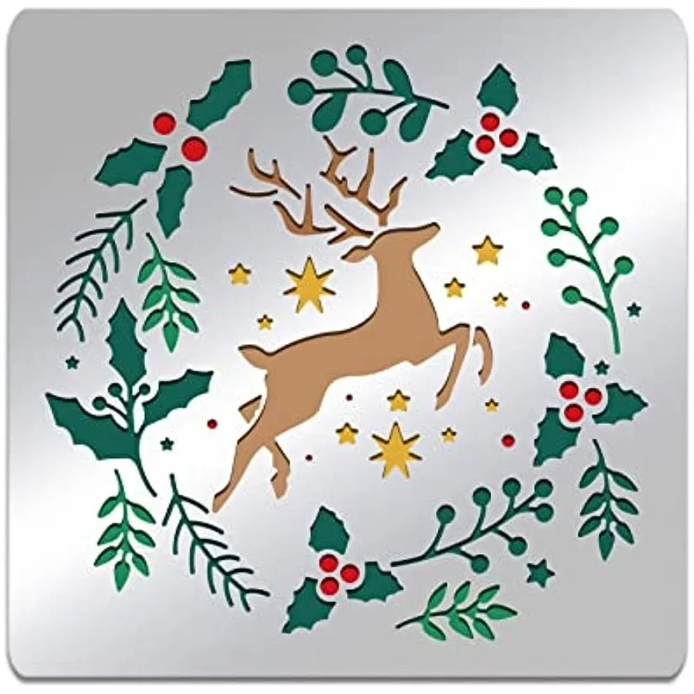 

6.14x6.14inch Christmas Wreath Metal Stencil, Moose Holly Leaf Square DIY Craft Template for DIY Scrapbooking Photo Album Decor