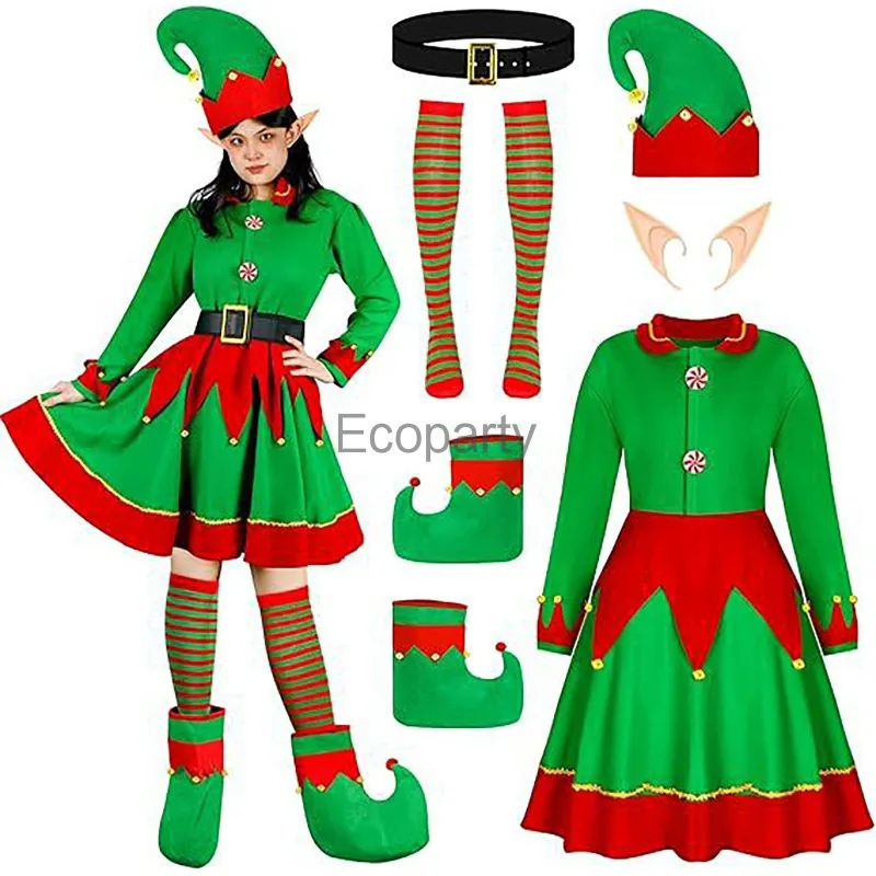 6pcs Set Women Christmas Elf Costume Set Green Santa Claus Assistant Role-Playing Costume Christmas Dress With Hats Shoes Suit