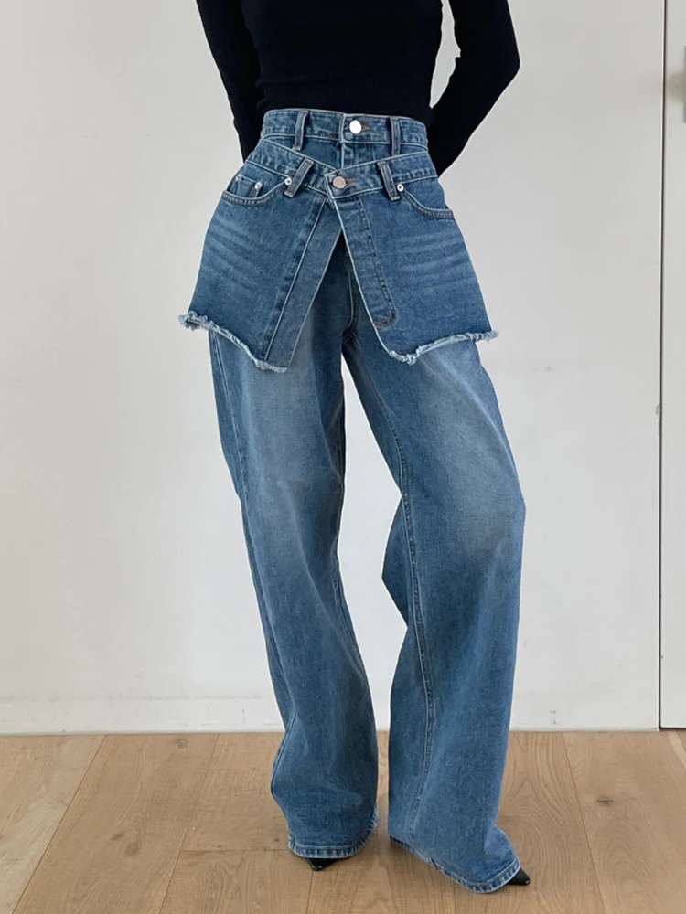 

Designer Fake 2 Two-Piece Jeans Women with Waist Seal Wide Leg High Waist Casual Denim Pants Vintage Y2K Streetwear Trousers