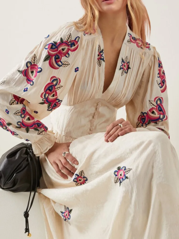 

Retro Flower Embroidery Long Dress Button V-neck Long Sleeve Spring And Summer Women's Dresses Boho Seaside Beach Holiday Dress