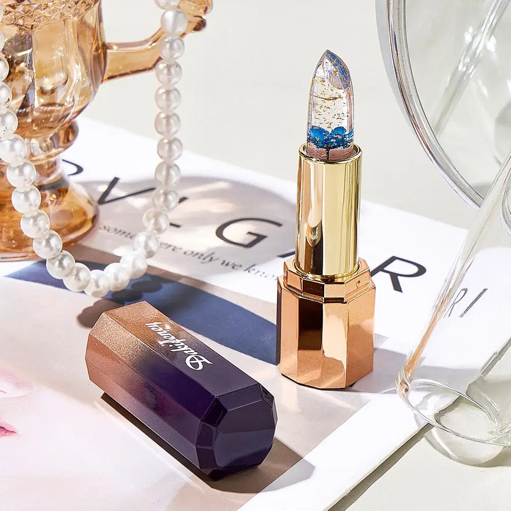 Barra de labios transparente con flor de gelatina, bálsamo labial que cambia de Color por temperatura, maquillaje Sexy, brillo de labios hidratante, rosa azul