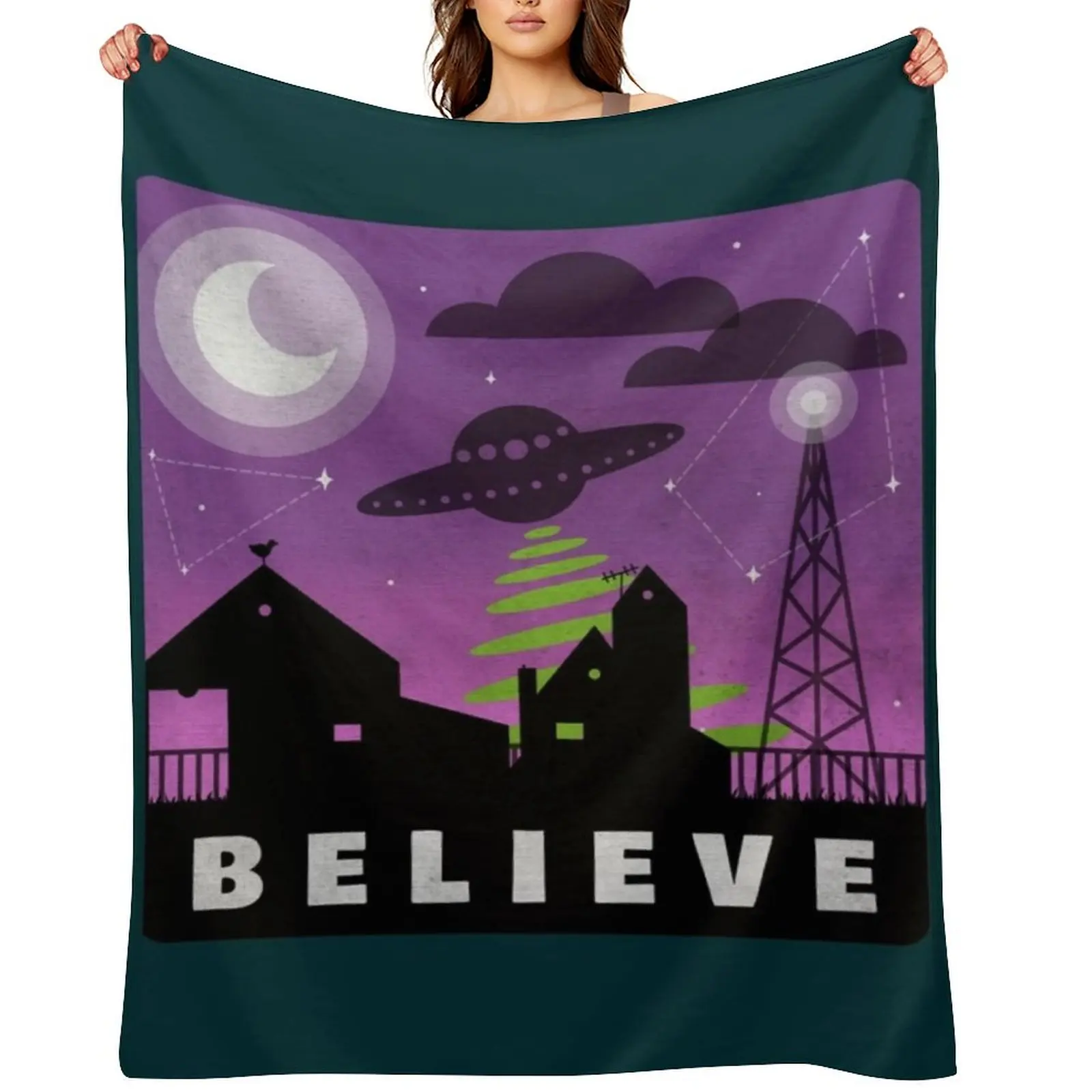 

Believe in aliens village nightscape Throw Blanket Retros Stuffeds Bed covers Decoratives Blankets