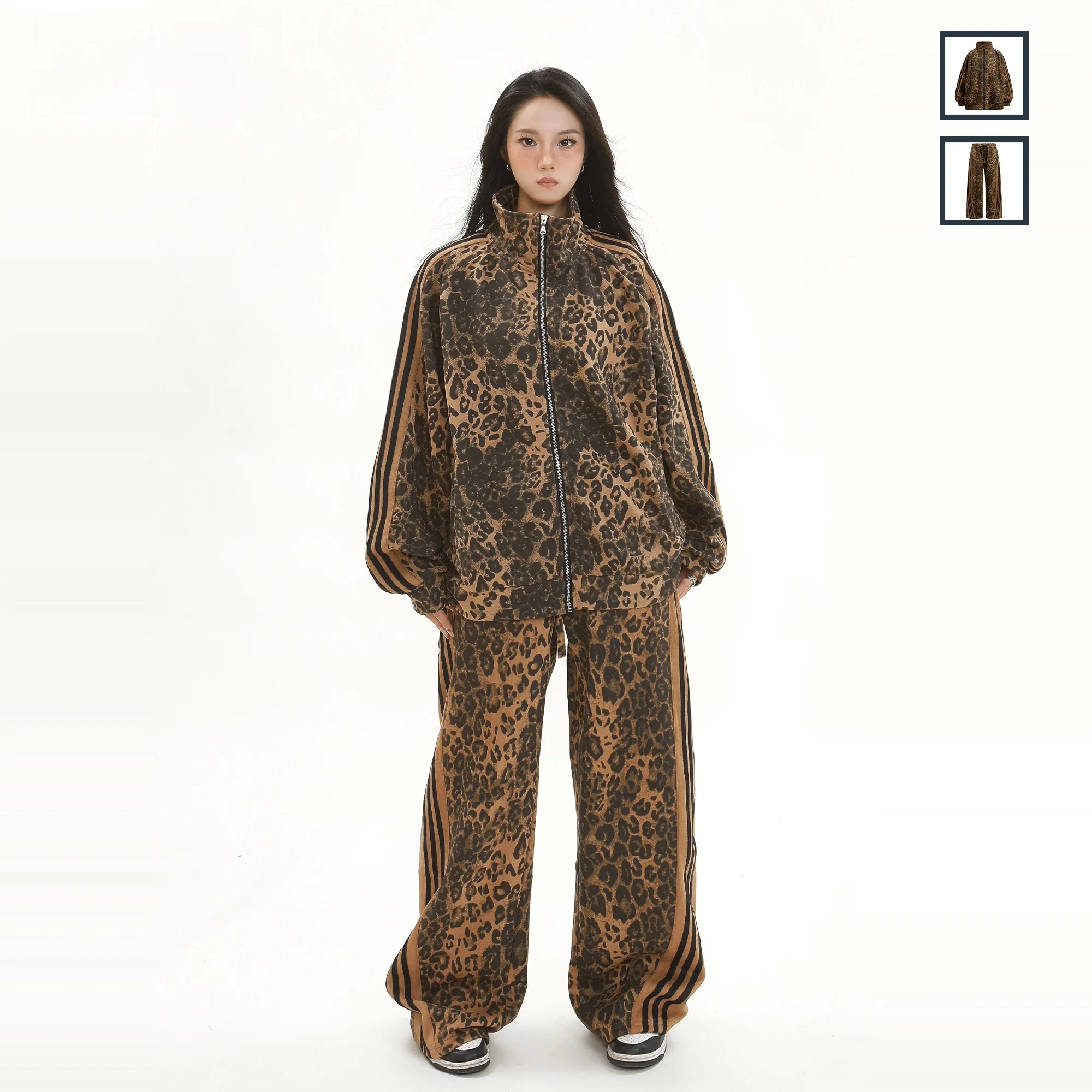 

Retro American Hiphop Leopard Print Set Women's Stand Collar Jaet Two Piece Set Casual Pants Long Sve Zipper Closure