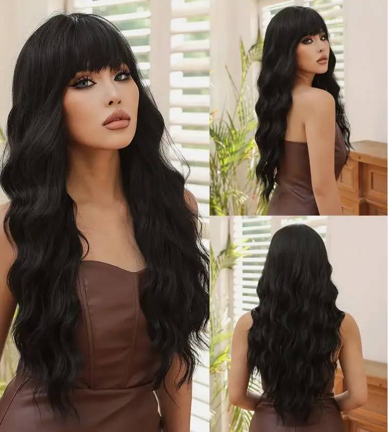 

Natural black Synthetic Hair Dress Up Wigs With Bangs Women Long Wavy