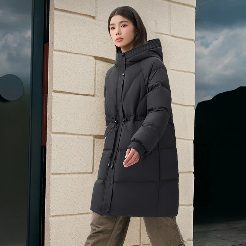 Chericom Damen-Daunenjacke mit Kapuze, lang, 2022, Winter, Kordelzug, Taille, Puffer, thermisch, warm, schlankmachend, lässige Oberbekleidung, Y309159Y