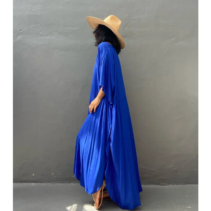 Beach Cover Ups for Swimwear Women Kaftans Tunic Solid Summer Maxi Dresses Batwing Sleeve Beachwear Outfits Dropshipping