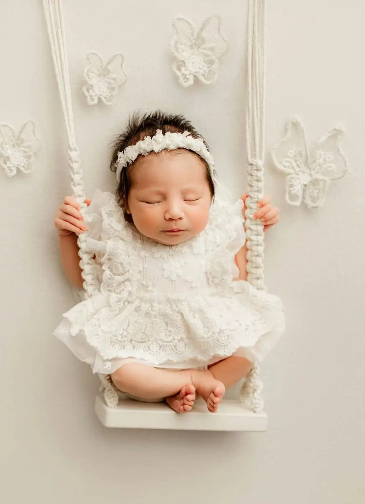 Newborn Girl Photography Props White Lace Dress Headband Set Baby Photo Outfit Infant Photoshoot Costume Princess Clothing