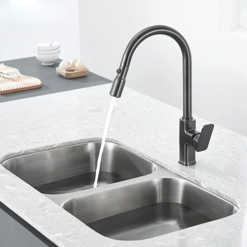 Full copper gun gray, kitchen faucet, pull-out type, washing basin, rotating