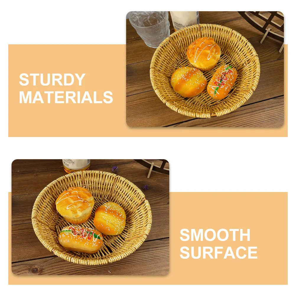 

Woven Snack Basket Plastic Round Storage Container for Fruit Bread Candies Home Kitchen Organization Decorative Imitation Rattan