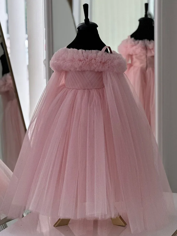 Girls Princess Pink boat neck Children Wedding Gown Sleeveless Kids Dresses Luxurious baby infant Birthday Party tulle Dress