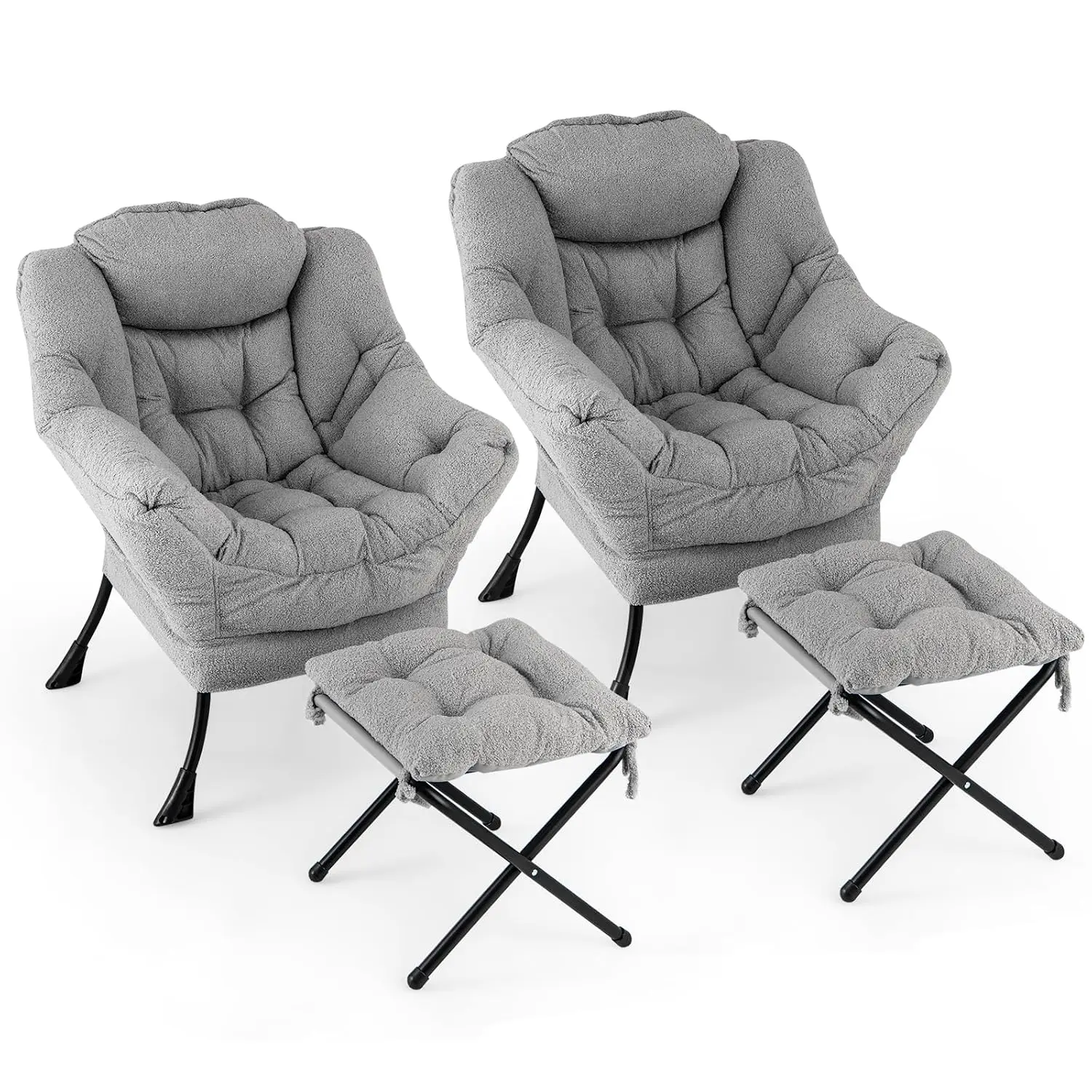 Sherpa Accent Chair Set w/Ottoman, Armrests & Pocket, Upholstered Single Sofa for Living Room Bedroom, Grey, Customized