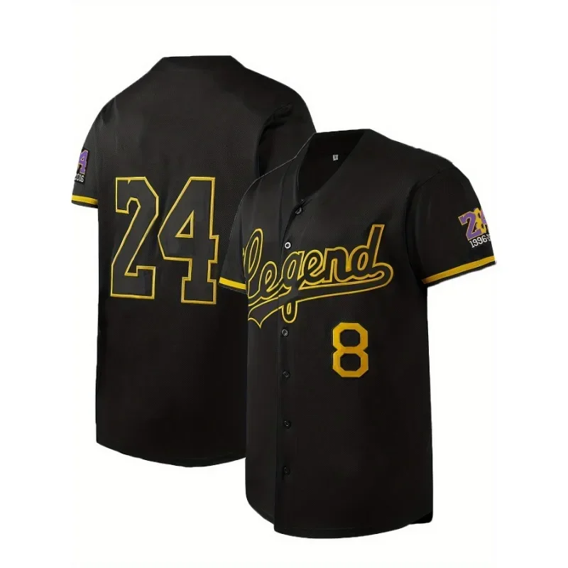 Leyenda de la camiseta de béisbol para hombre # 24 Sudadera cómoda con estampado de moda negra, camisa de manga corta con botones y cuello en V, ropa para hombre