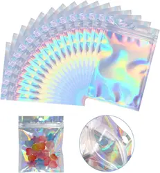 10Pc Smell Proof Mylar Bags Resealable Odor Proof Bags Holographic Packaging Pouch Bag With Clear Window For Food