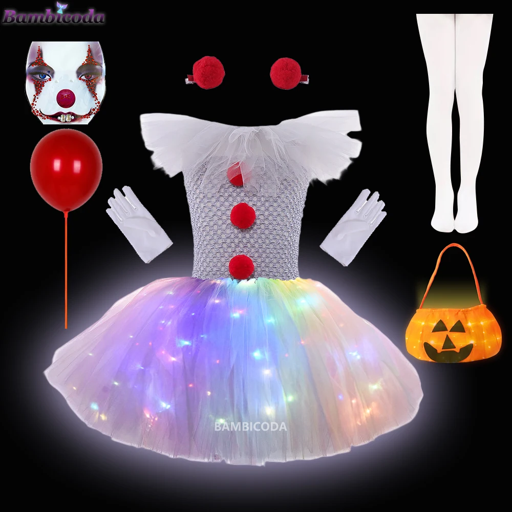 Gray Clown Led Light up Tutu Dress for Girls Carnival Halloween Costume for Kids Girl Joker Cosplay Children Party Scary Clothes