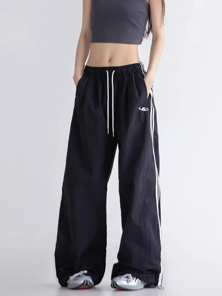 Zoki vintage listrado sweatpants feminino y2k harajuku calças de perna larga americano streetwear cintura alta solta bf hip hop novo