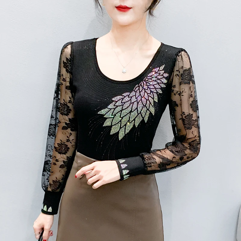 Fall,European,Clothes,T-Shirt,Chic,Sexy,O-Neck,Shiny,Diamonds,Patchwork,Lace,Women,Tops,Long Sleeve,Drilling,Hot,Tees,New,691000