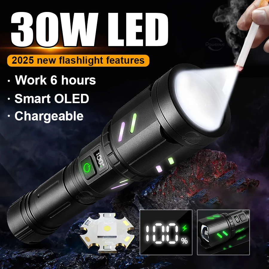 

High Strong Power LED Flashlight with Display Light USB Rechageable Portable Hand Flashlight Outdoor Camping Fishing Zoom Lights