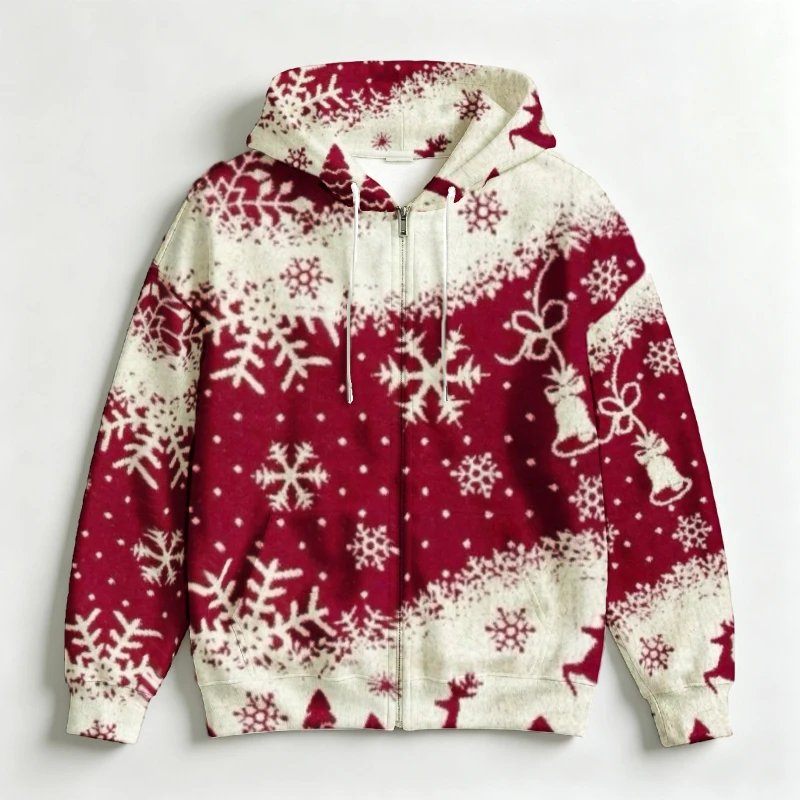 Men Full Zip Hoodie Knit Style Snowflake Print Long Sleeve Drawstring Hooded Sweatshirt With Pockets Christmas Holiday Casual Ou