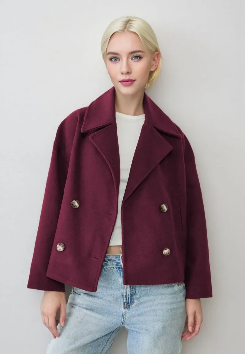 Lässige Kurze Wollmischmantel für Damen, Locker Geschnittene Jacken mit Revers, Doppelreihig, mit Taschen, Langen Ärmeln, Herbst-Winter 2026, Einfarbiger Damenmantel – Detail 7