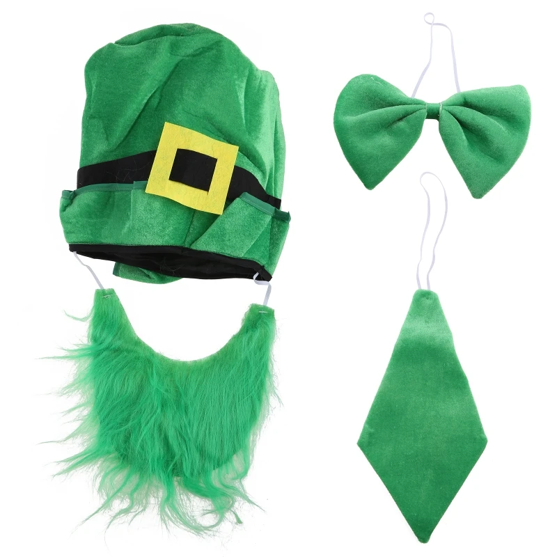 

Patricks Day Cosplay Costume Set Top Hat with Beard Green Bow Tie Necktie N7YF