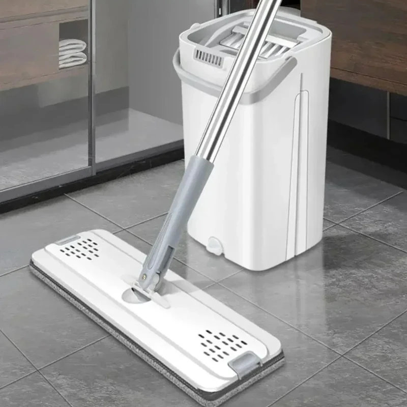 Flat Squeeze Mop with Bucket Hand Free Wringing Floor Cleaning Mop Microfiber Mop Pads Wet or Dry Usage on Hardwood Laminate