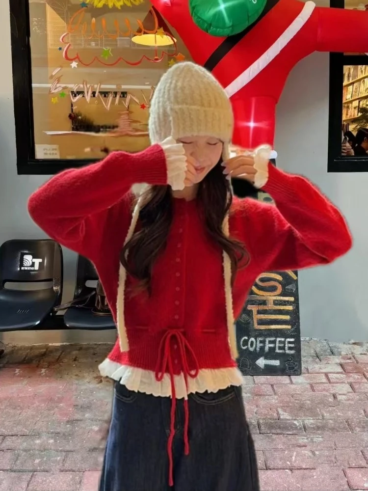 

2025 Spring Fall Floral Lace Cardigan Women Korean Fashion Waist Cinching Short Knit Cardigan Outerwear Sweaters Streetwear Tops