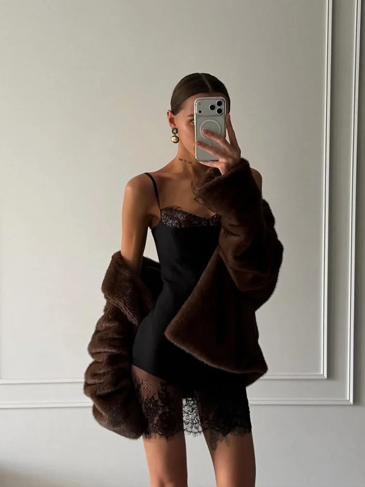 여성용 솔리드 패치워크 레이스 드레스, 섹시한 스트랩 민소매 V넥 시스루 미니 원피스, 슬림핏 여성 의류