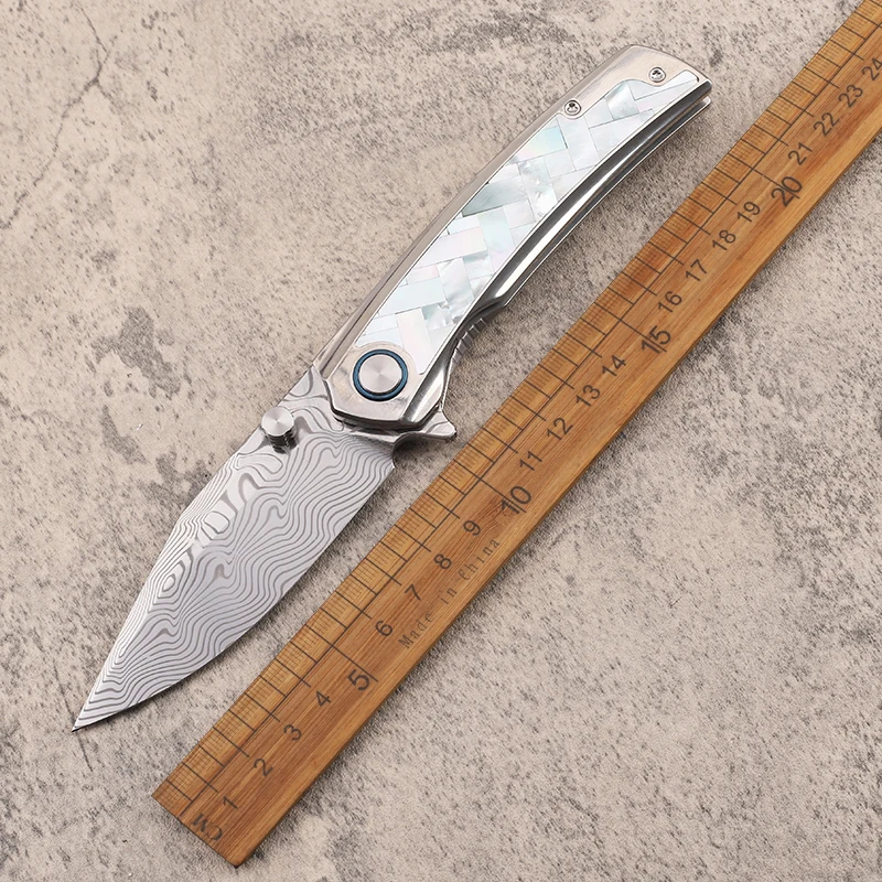 New RW34+Damascus Steel Blade White Shell Ten Titanium Alloy Handle Outdoor Survival Camping Fruit EDC Collection Knife
