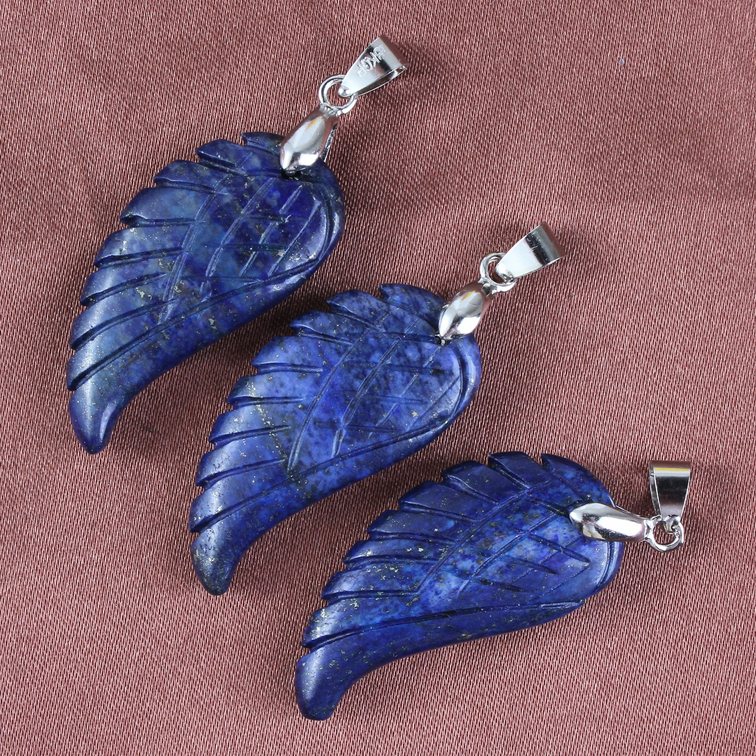 KFT Silver Plated Vintage Natural Lapis Lazuli Stone Freedom Angel Wing Pendant 35mm Fashion Women Men  Jewelry