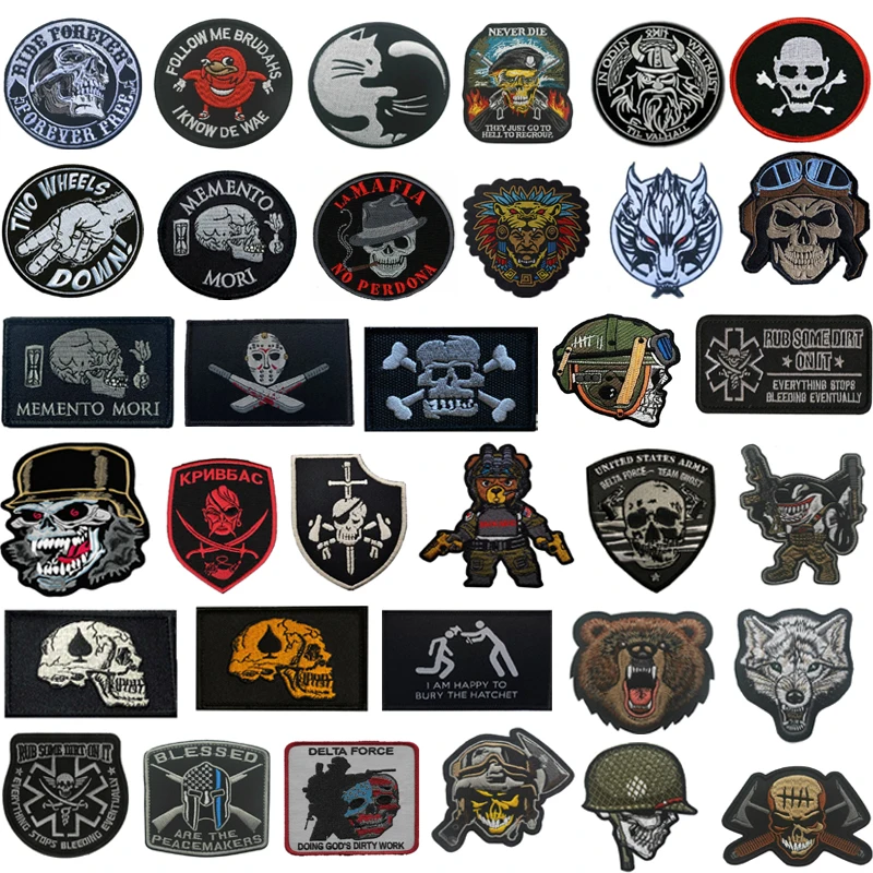 Skull Badges HOOK Embroidery Patches Removable Insignia Sewings Tactical Military Patch Clothing for Caps Backpacks Uniforms