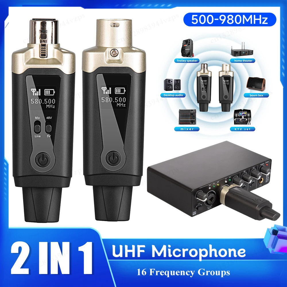 Newest UHF 2 IN 1 Microphone Wireless Adapter Transmitter Receiver 500-980MHz Plug Plug Mic Converter System for Audio Mixer