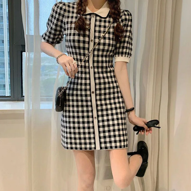 2023 New Summer Temperament Plaid Knitting Polo-Neck Short Sleeve Casual Dresses Women Clothes Sweet Buttons Pullover Dresses