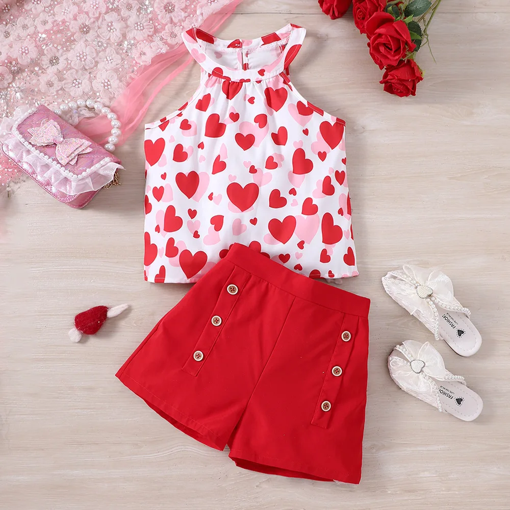 Kids Casual Clothing Sets Outfits for Girls Summer 2024 New Children Fashion Red Heart Print Halter Tops Short Pant 7-16Y