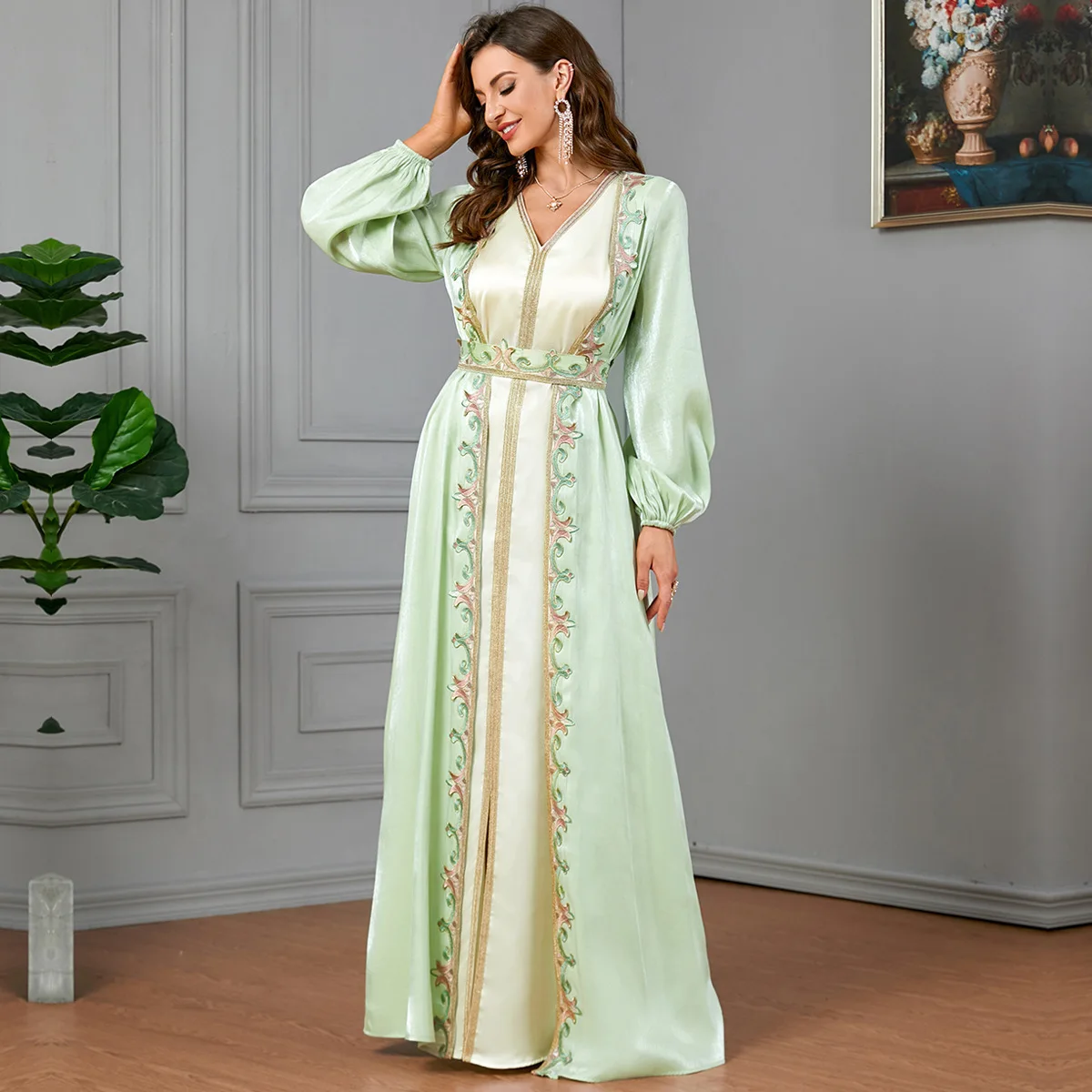 3337 Set di vestaglia da donna musulmana Set di due pezzi di moda da donna Abito Abaya impiombato a maniche lunghe