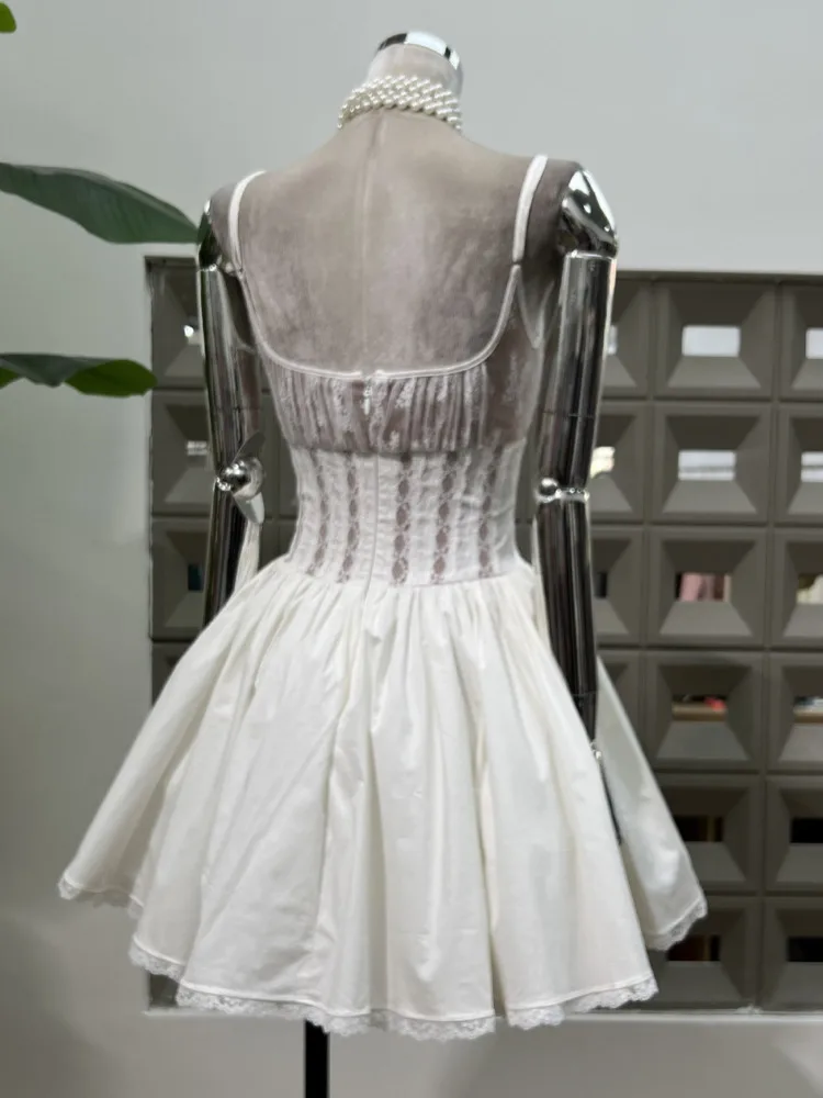 DFDG Vestido de encaje con cuello bajo y dobladillo abombado para mujer, minifalda de estética pura, cintura corsé, fiesta, noche, boda, primavera, verano 2025