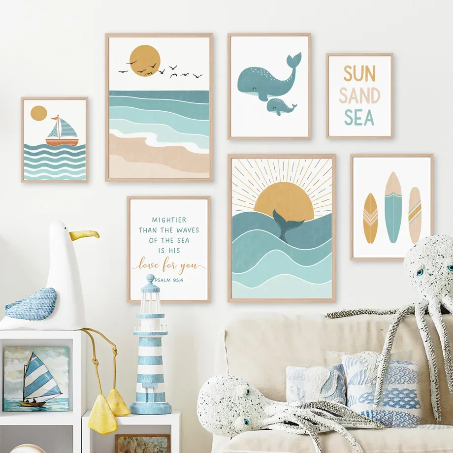 

Canvas Painting Posters for Kids Room, Whales Sun, Sea Life, Boat, Beach Skateboard, Baby Prints, Wall Art Pictures Decor, Nordi
