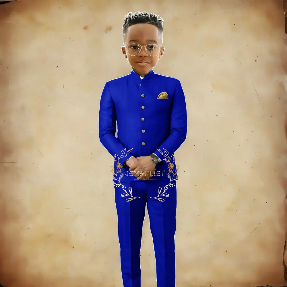 Sky Blue Boy Suits 2 Pieces Formal Jacket Pants for Wedding Stand Collar African Outfits Child Tuxedo Slim Fit Customized Set