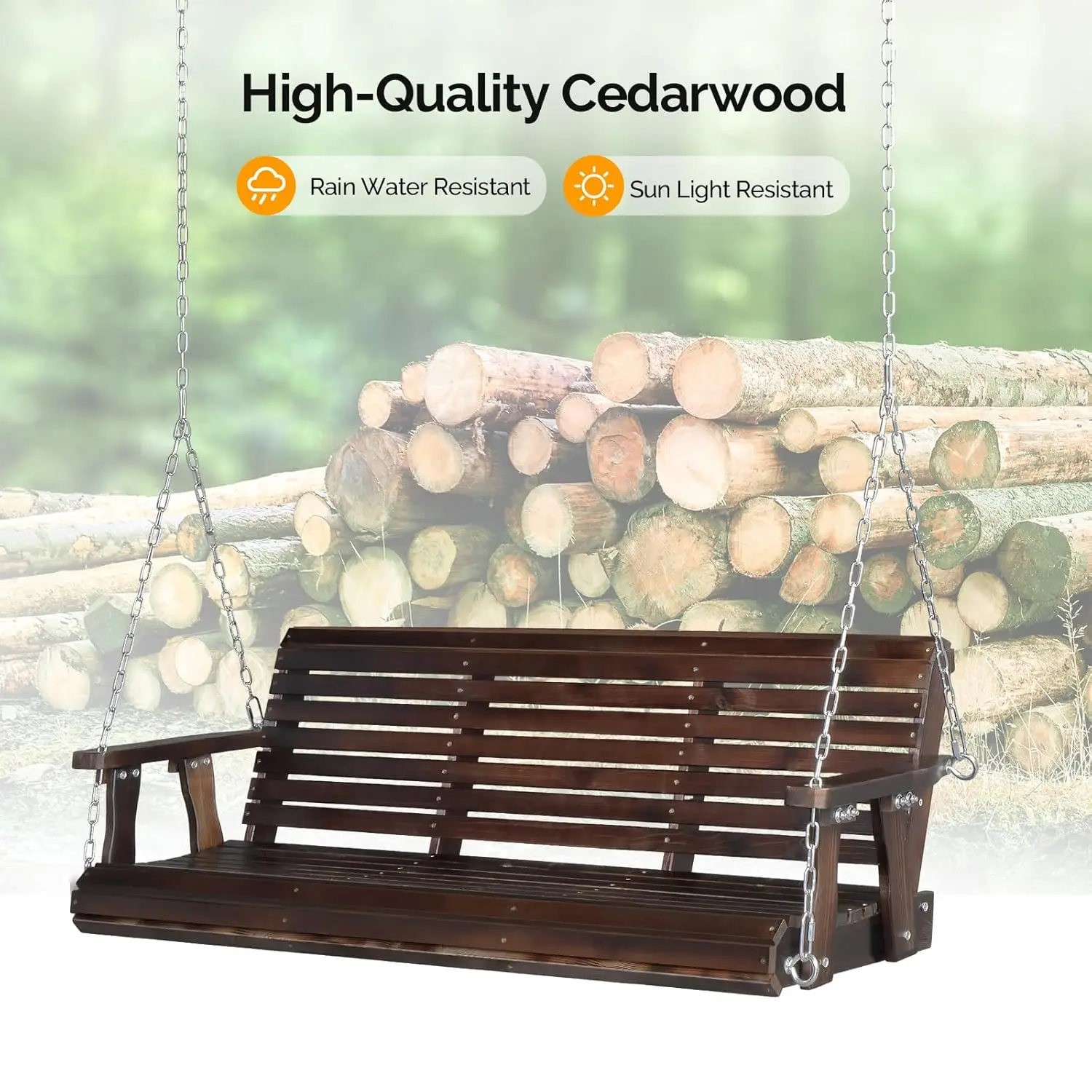 

880 LBS Heavy Duty Porch Swing Outdoor PU Coating Adjustable Chains Yard Garden 5 FT Rustic, Custom
