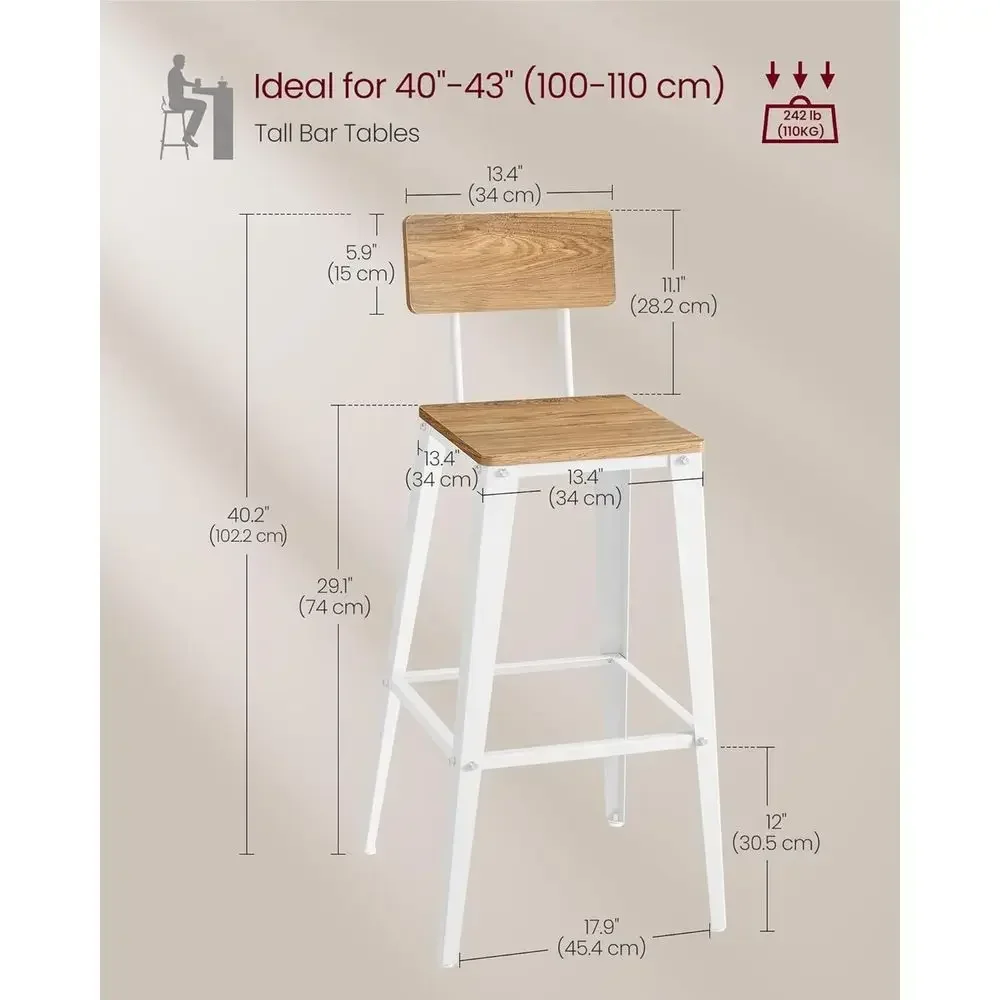 Set of 4 Industrial Style Steel Bar Stools, 29.1 Tall with Back, Suitable for Kitchen Island, Wheat Brown and Cloud White