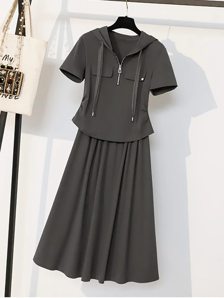 

Summer Fashion plus Size Women's Hat T-Shirt High Waist Skirt Two-Piece Set Korean Style Loose Fit Short Sleeve