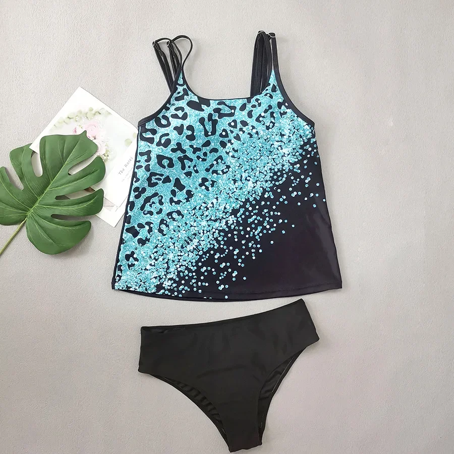 Conjunto de Bikini con estampado de leopardo para mujer, Tankini de cintura alta, traje de baño conservador para vacaciones en la playa, 2024