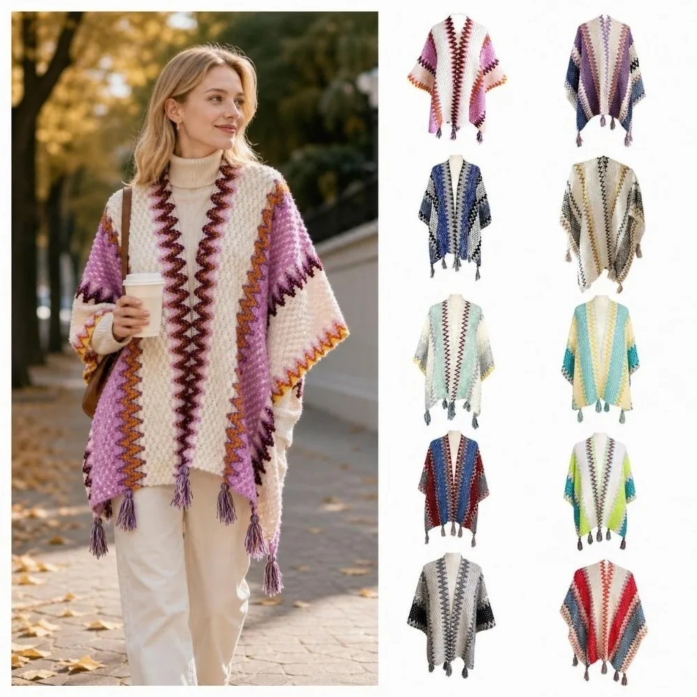 Striped Pattern Knit Poncho Cape Ethnic Print Long Tassel Shawl Wrap Cardigan Open Front Oversized Ethnic Knitted Shawl