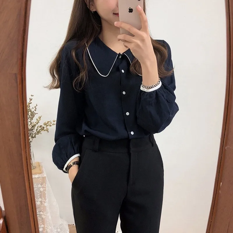 Button Up Shirts Women Retro Sweet All-match High Street Fashion Gentle Peter Pan Collar Long Sleeve Blouses Girls Preppy Style