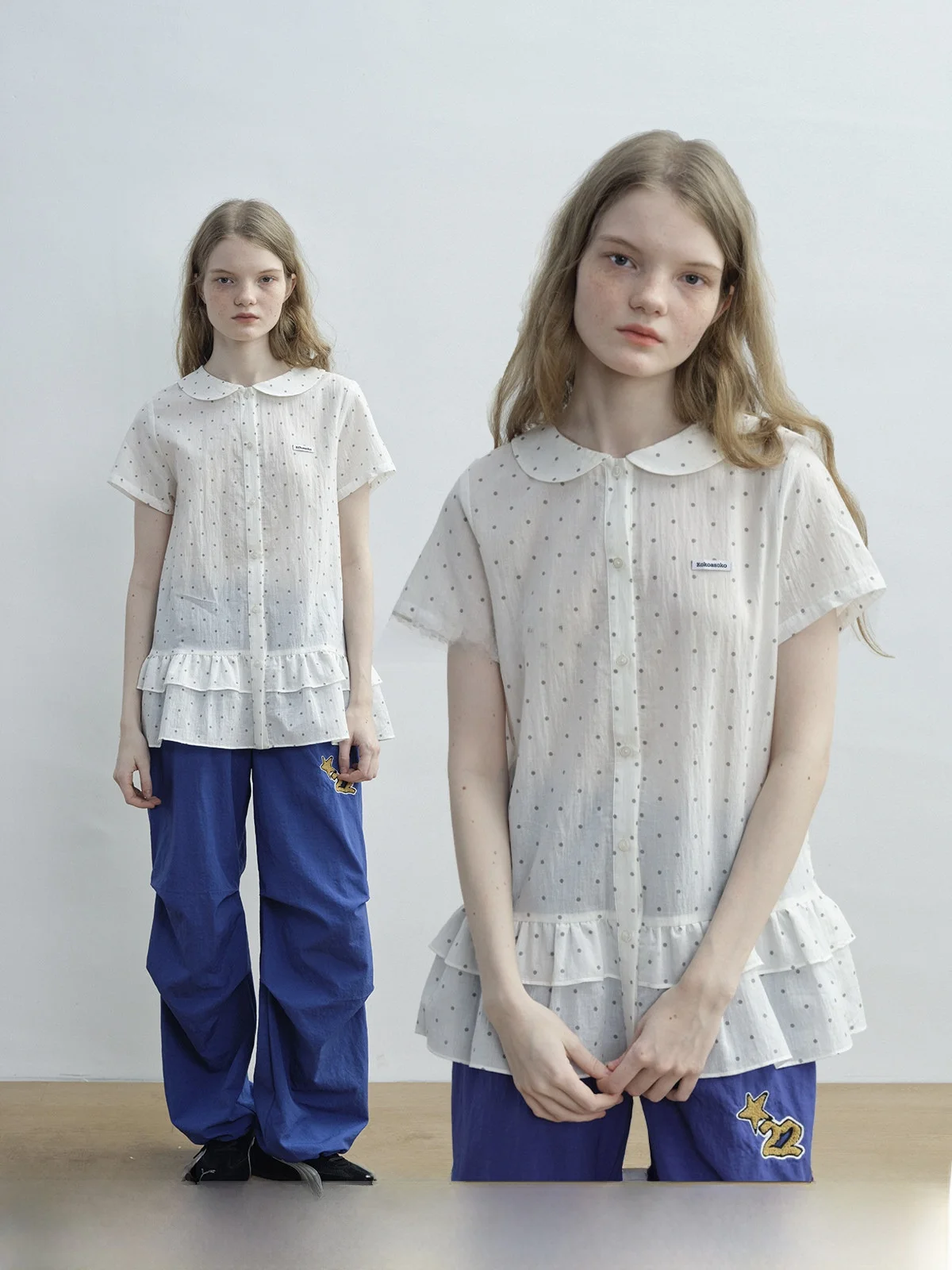 

KOKOASOKO White Polka Dot Short Sleeve Doll Collar Loose Fit Summer Shirt Women's Sweet Style Breathable Cotton Blend Top